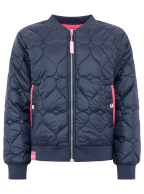 Zwillingsherz Stepp-Bomberjacke Be Happy in Marine, Frontansicht mit herzförmigem Steppmuster und pinken Akzenten