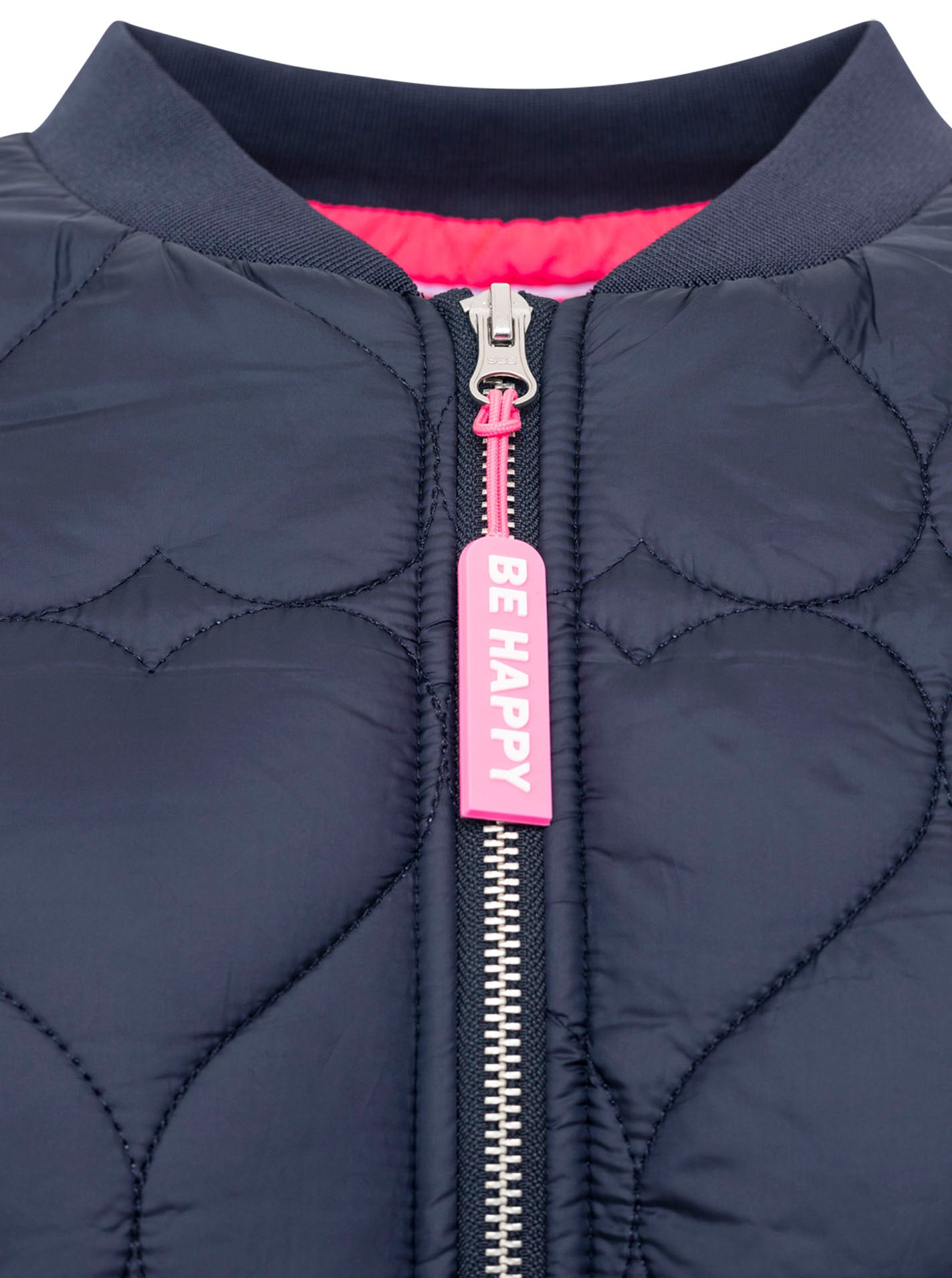 Zwillingsherz Stepp-Bomberjacke Be Happy in Marine, Kragenansicht mit Be-Happy-Zipper und pinken Kontrastdetails