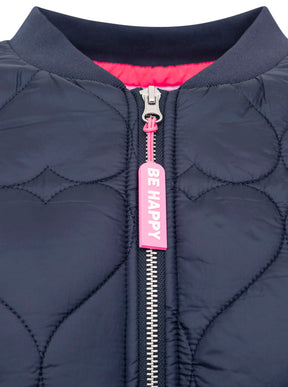 Zwillingsherz Stepp-Bomberjacke Be Happy in Marine, Kragenansicht mit Be-Happy-Zipper und pinken Kontrastdetails
