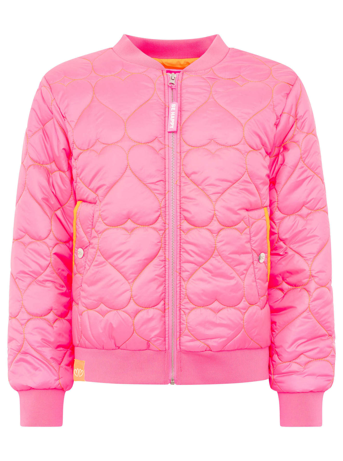 Zwillingsherz Stepp-Bomberjacke Be Happy in Neonpink, Frontansicht mit Herz-Steppmuster und modischen Kontrastdetails