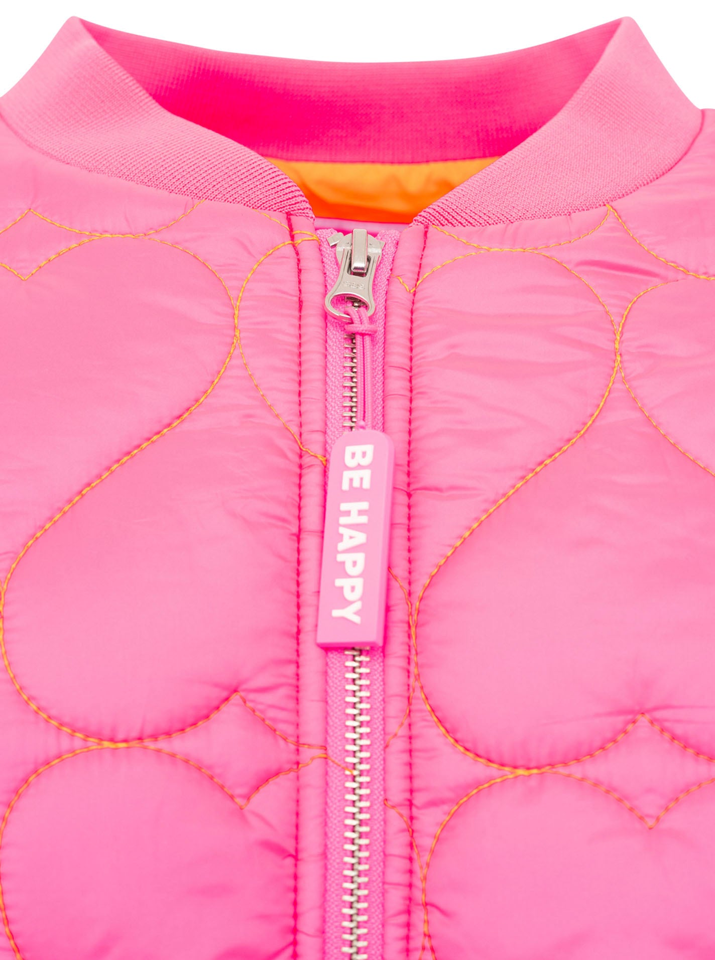Zwillingsherz Stepp-Bomberjacke Be Happy in Neonpink, Kragen- und Zipperdetail mit Be-Happy-Schriftzug