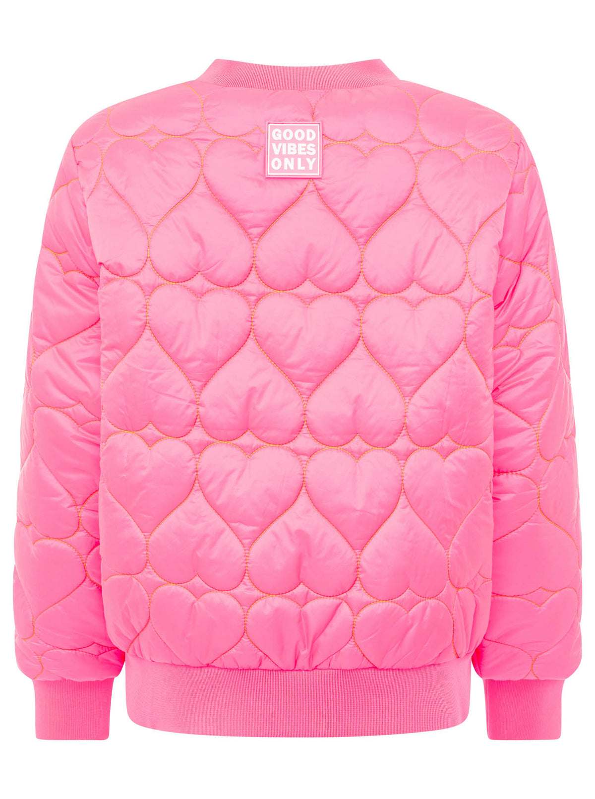 Zwillingsherz Stepp-Bomberjacke Be Happy in Neonpink, Rückansicht mit femininem Herz-Steppmuster