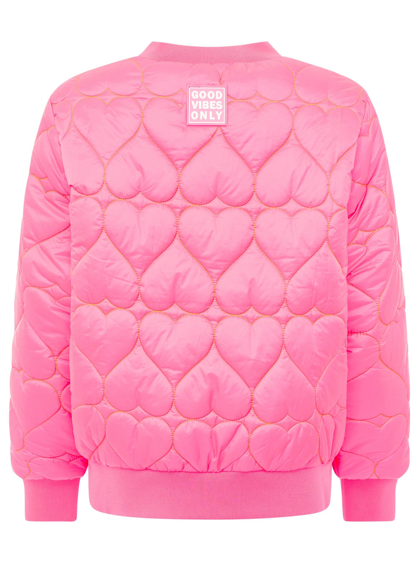 Zwillingsherz Stepp-Bomberjacke Be Happy in Neonpink, Rückansicht mit femininem Herz-Steppmuster