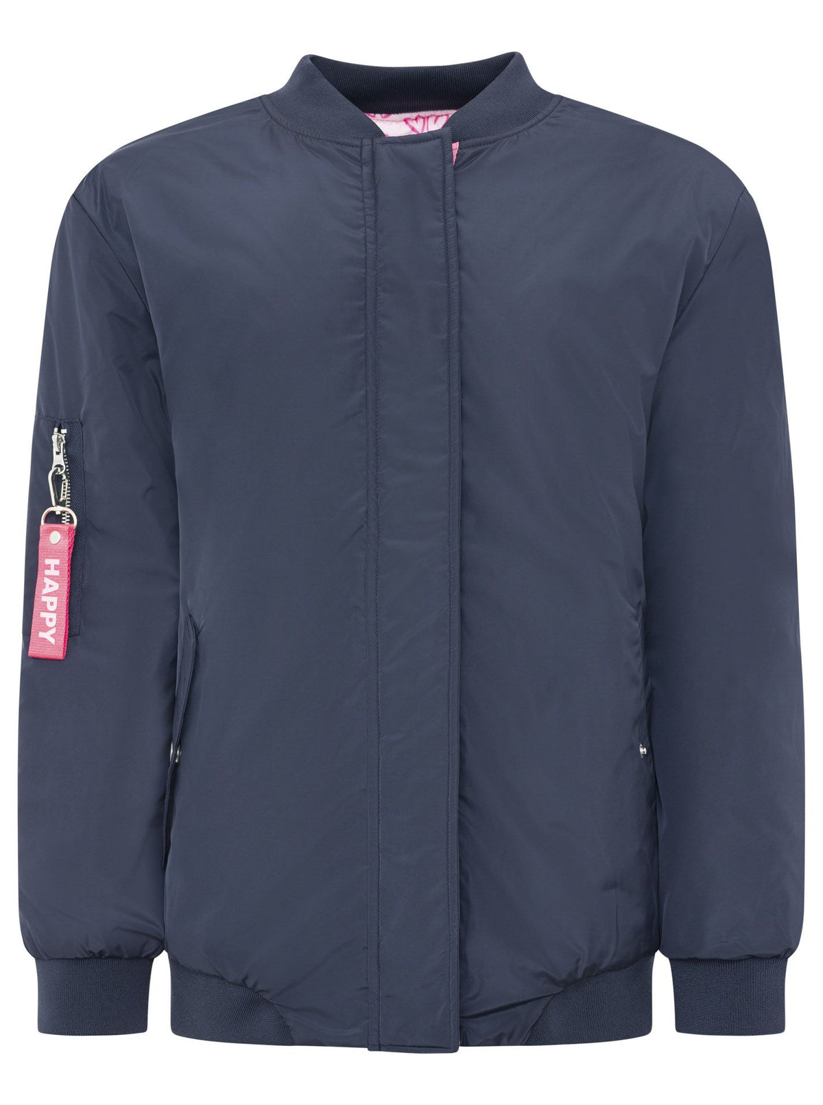 Zwillingsherz Bomberjacke Happy in Dunkelblau, Frontansicht mit Druckknopfleiste, Reißverschluss und sportivem Design