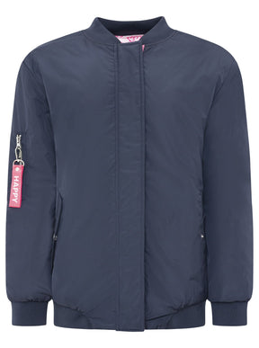 Zwillingsherz Bomberjacke Happy in Dunkelblau, Frontansicht mit Druckknopfleiste, Reißverschluss und sportivem Design