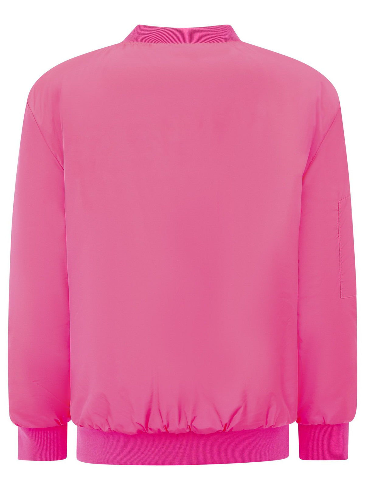 Zwillingsherz Bomberjacke Happy in Neonpink, Rückansicht mit sportivem Schnitt und Rippbündchen an Saum und Ärmeln