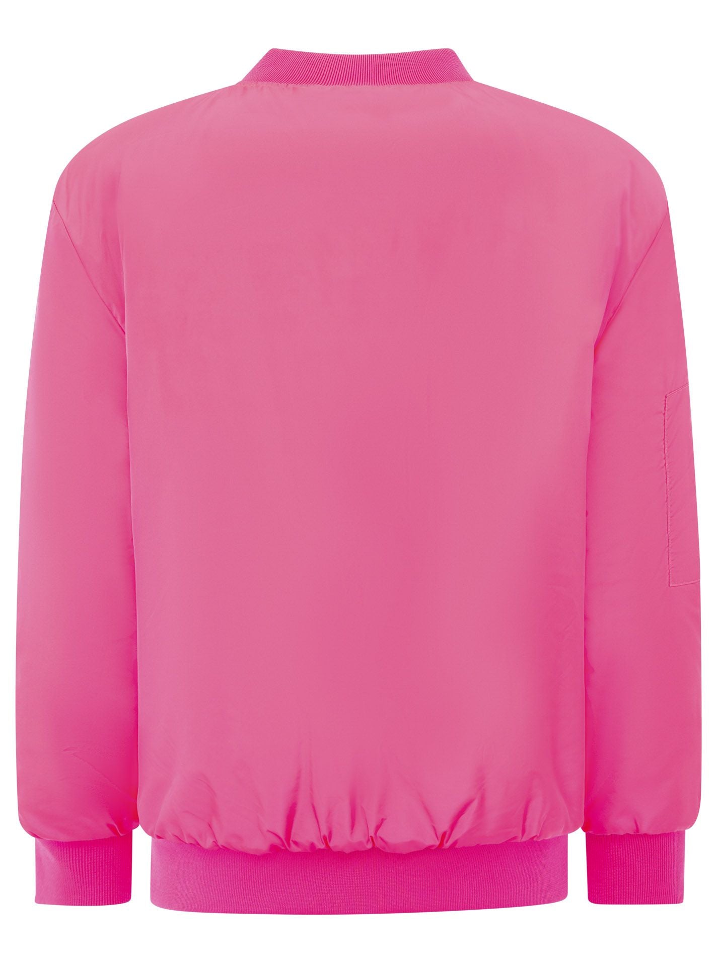 Zwillingsherz Bomberjacke Happy in Neonpink, Rückansicht mit sportivem Schnitt und Rippbündchen an Saum und Ärmeln