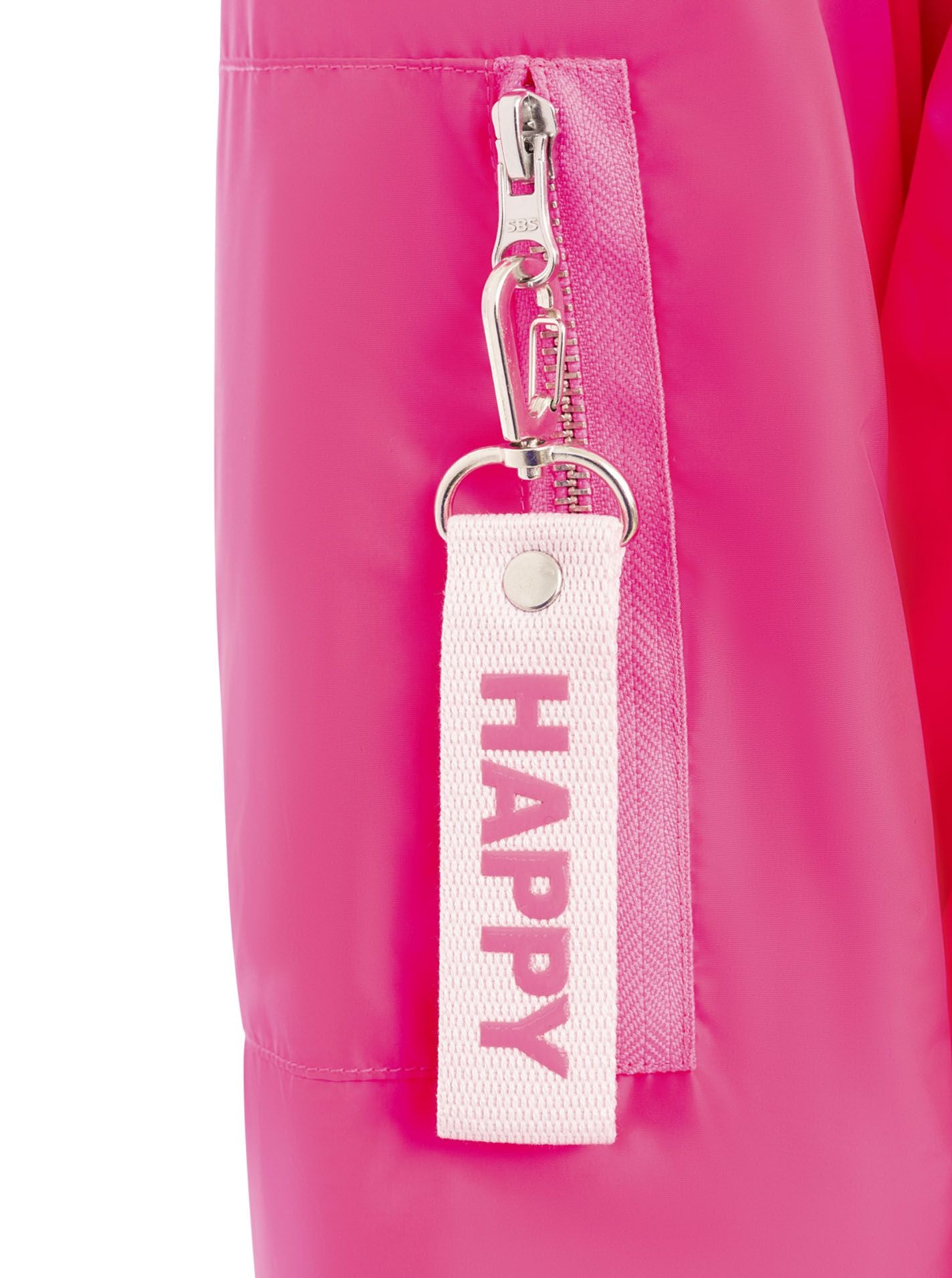 Zwillingsherz Bomberjacke Happy in Neonpink, Detailansicht der Tasche mit Druckknopfleiste im sportiven Stil