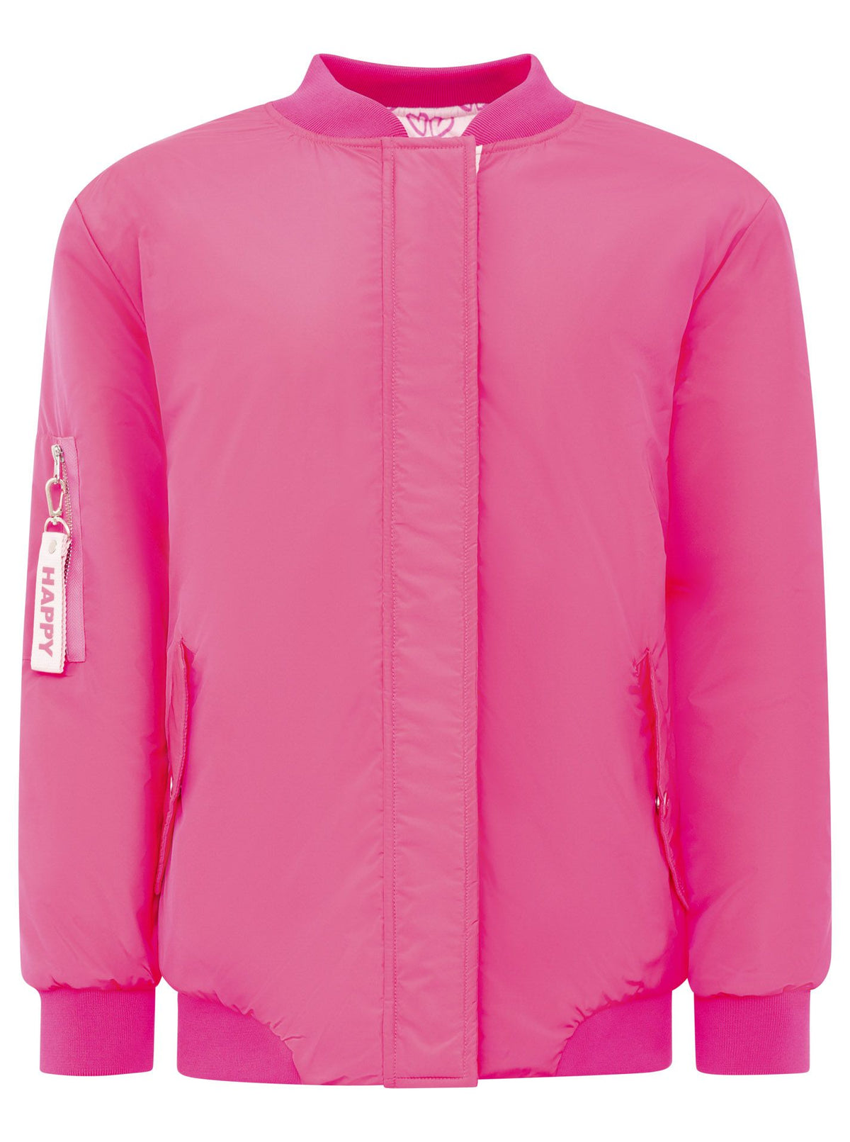 Zwillingsherz Bomberjacke Happy in Neonpink, Frontansicht mit Druckknopfleiste, Reißverschluss und sportivem Design