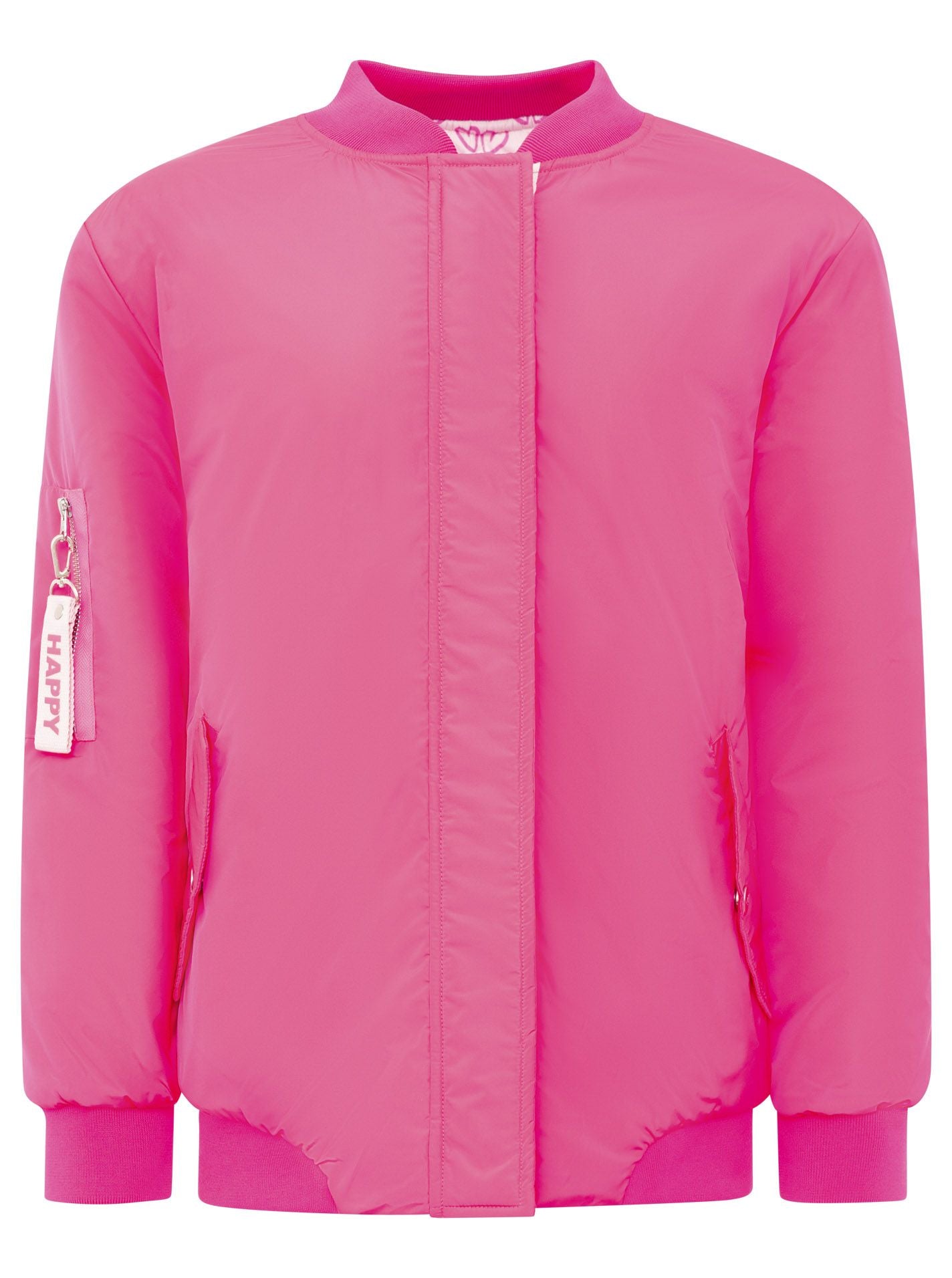 Zwillingsherz Bomberjacke Happy in Neonpink, Frontansicht mit Druckknopfleiste, Reißverschluss und sportivem Design