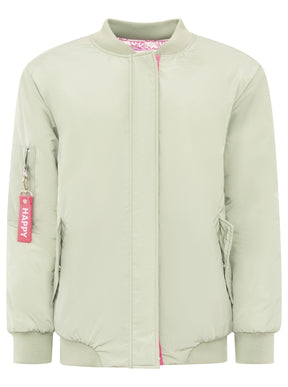 Zwillingsherz Bomberjacke Happy in Salbei, Frontansicht mit Druckknopfleiste, Reißverschluss und sportivem Design