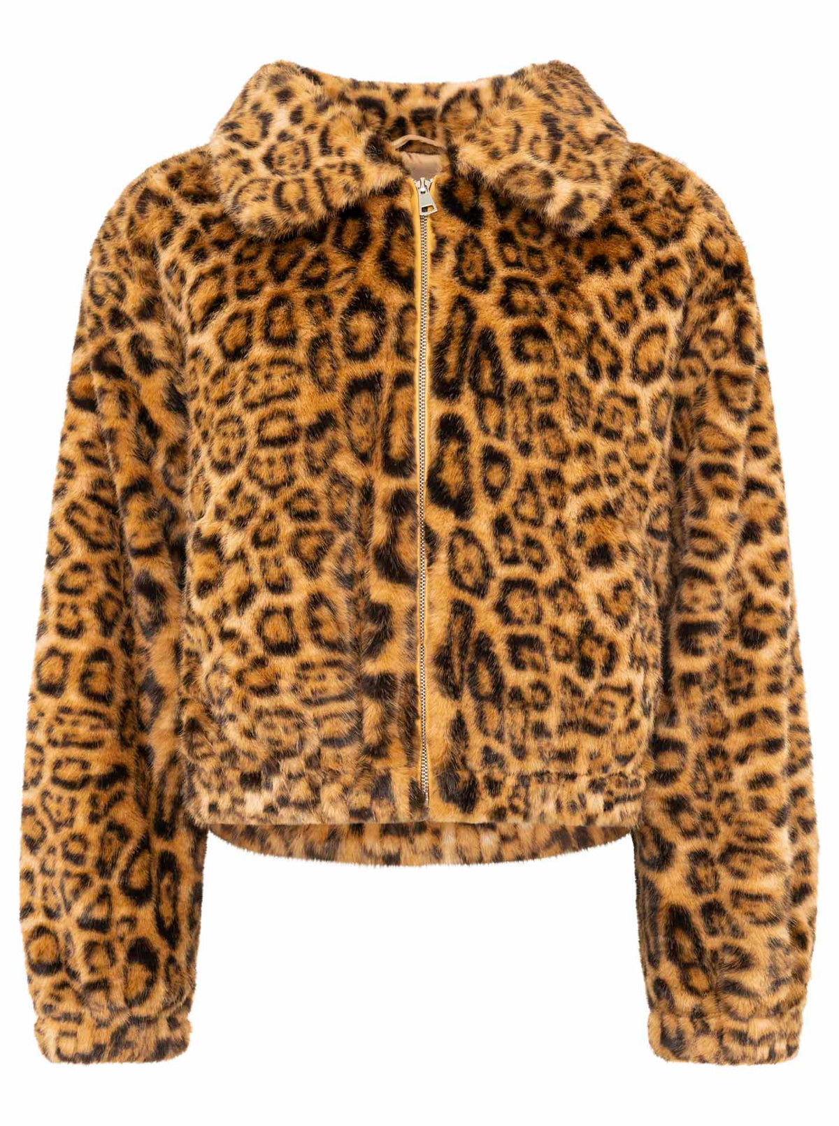 Zwillingsherz Damen Teddy-Bomberjacke Leopard, Beige/Schwarz – Frontansicht