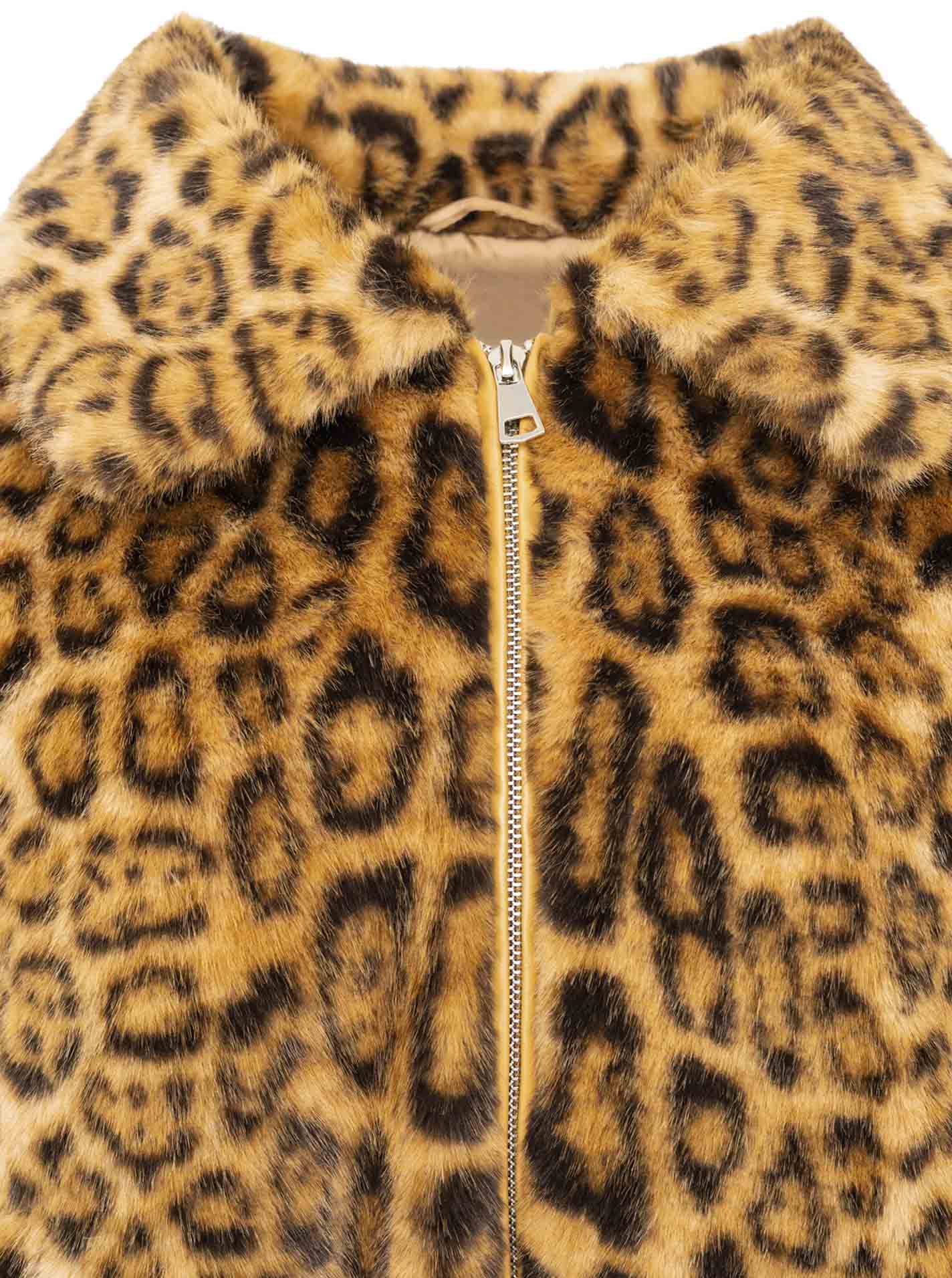 Zwillingsherz Teddy-Bomberjacke Leopard, Beige/Schwarz – Detailansicht Kragen & Felloptik