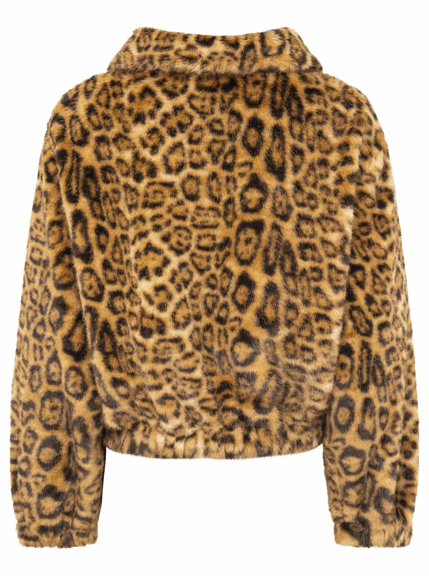 Zwillingsherz Damen Teddy-Bomberjacke Leopard, Beige/Schwarz – Rückansicht