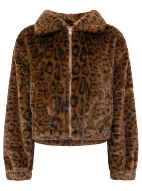 Zwillingsherz Damen Teddy-Bomberjacke Leopard, Braun/Schwarz – Frontansicht
