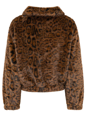 Zwillingsherz Damen Teddy-Bomberjacke Leopard, Braun/Schwarz – Rückansicht