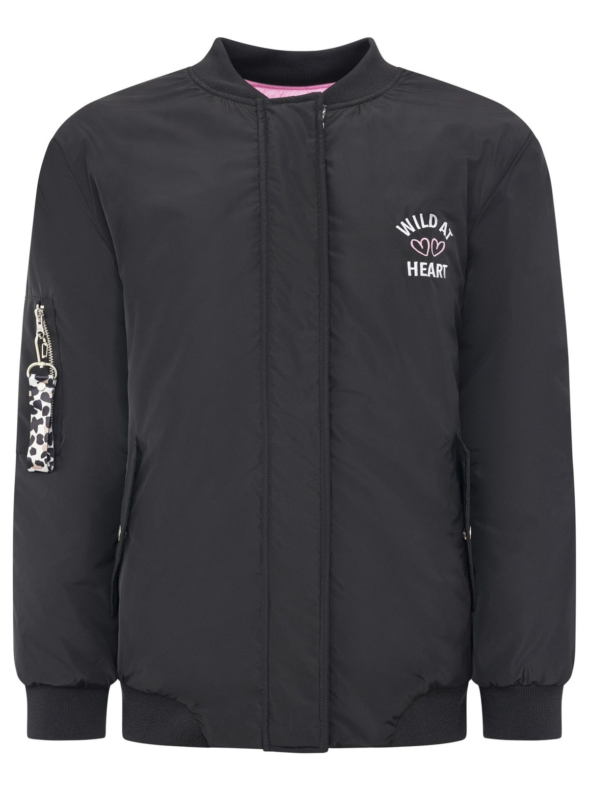 Zwillingsherz Bomberjacke Wild at Heart in Schwarz, Frontansicht mit Leo-Details am Reißverschluss und Logo-Stickerei auf der Brust