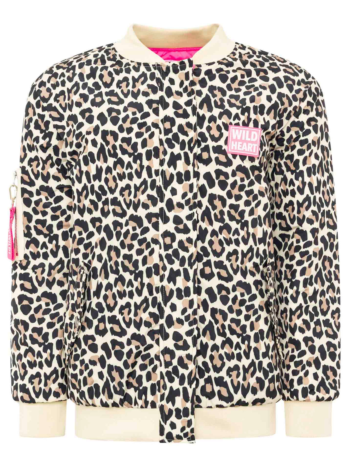 Zwillingsherz Bomberjacke Wild at Heart in Leo-Muster, Frontansicht mit Leo-Details am Reißverschluss und Logo-Stickerei auf der Brust