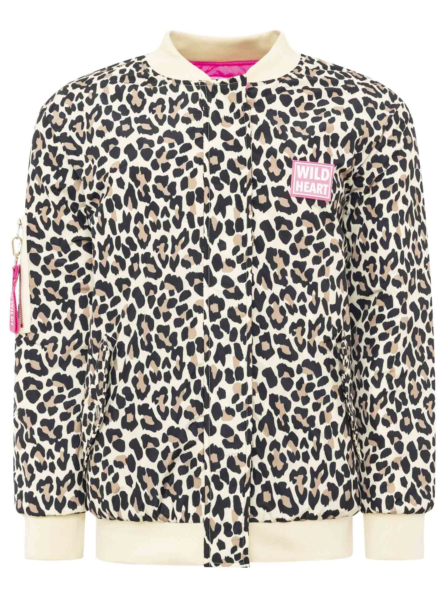 Zwillingsherz Bomberjacke Wild at Heart in Leo-Muster, Frontansicht mit Leo-Details am Reißverschluss und Logo-Stickerei auf der Brust