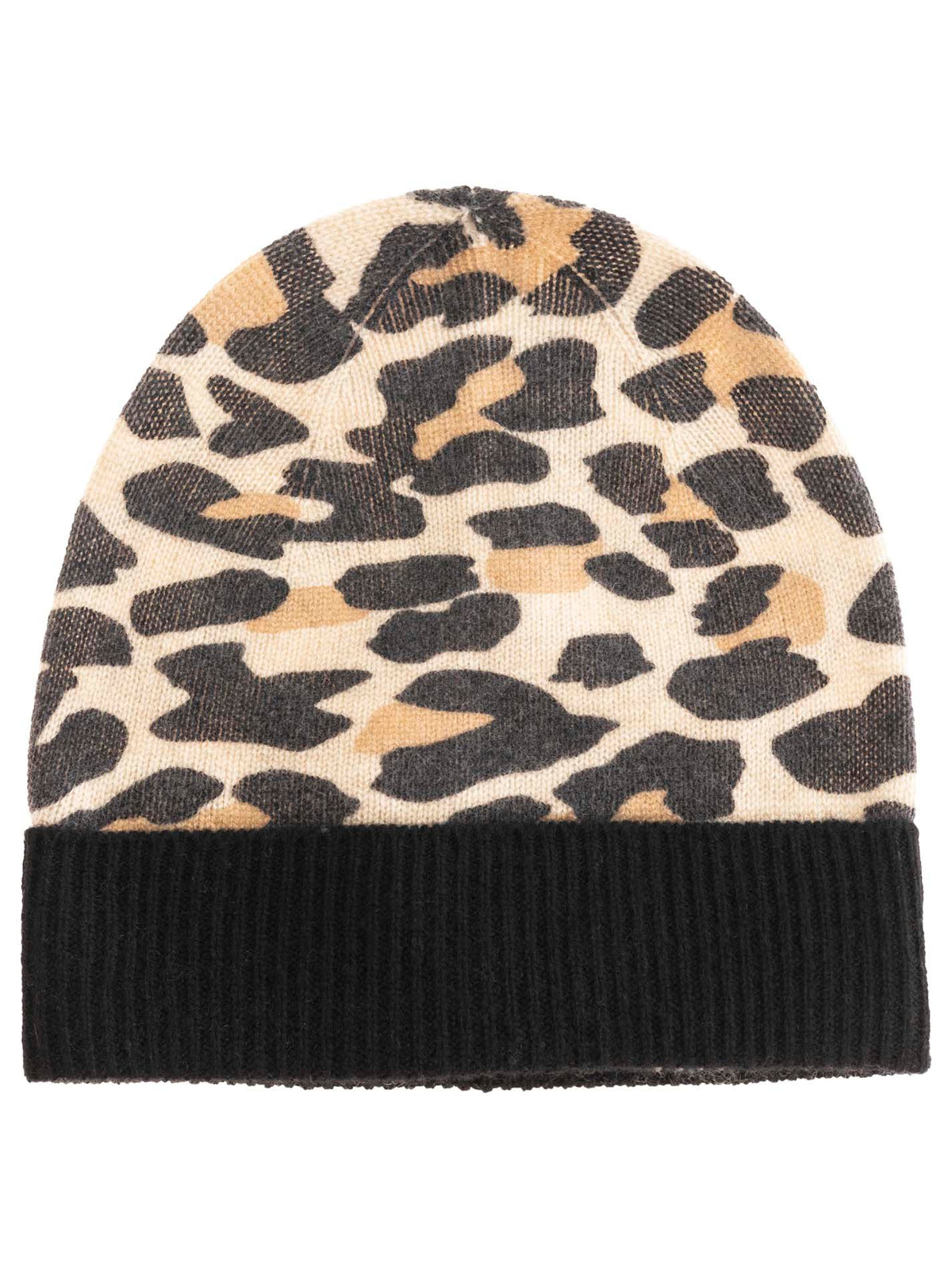 Zwillingsherz Damen Kaschmir-Rippstrick-Mütze im Leoparden Muster Beige/Schwarz, 100% Kaschmir