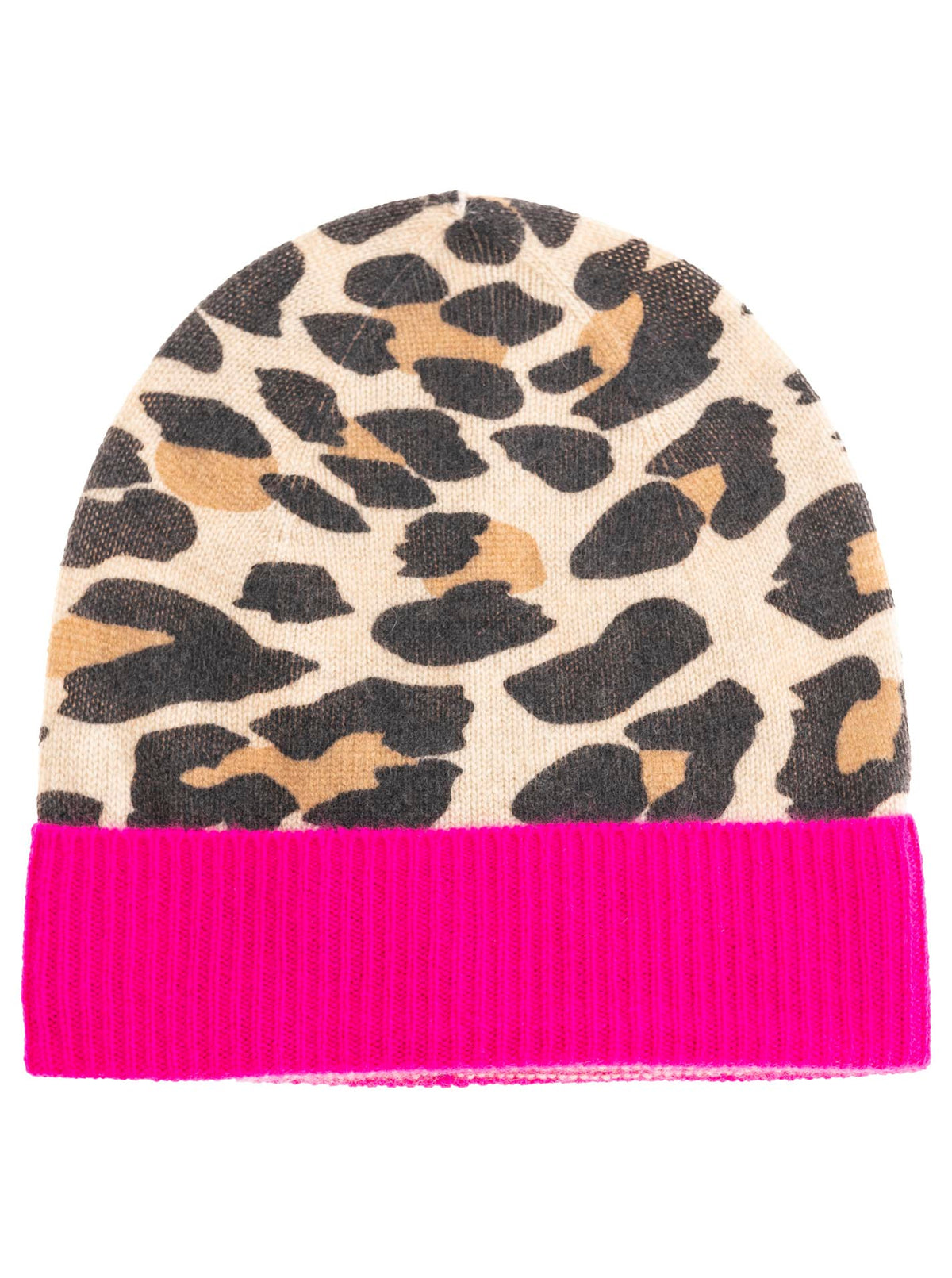Zwillingsherz Damen Kaschmir-Rippstrick-Mütze im Leoparden Muster Beige/Pink, 100% Kaschmir