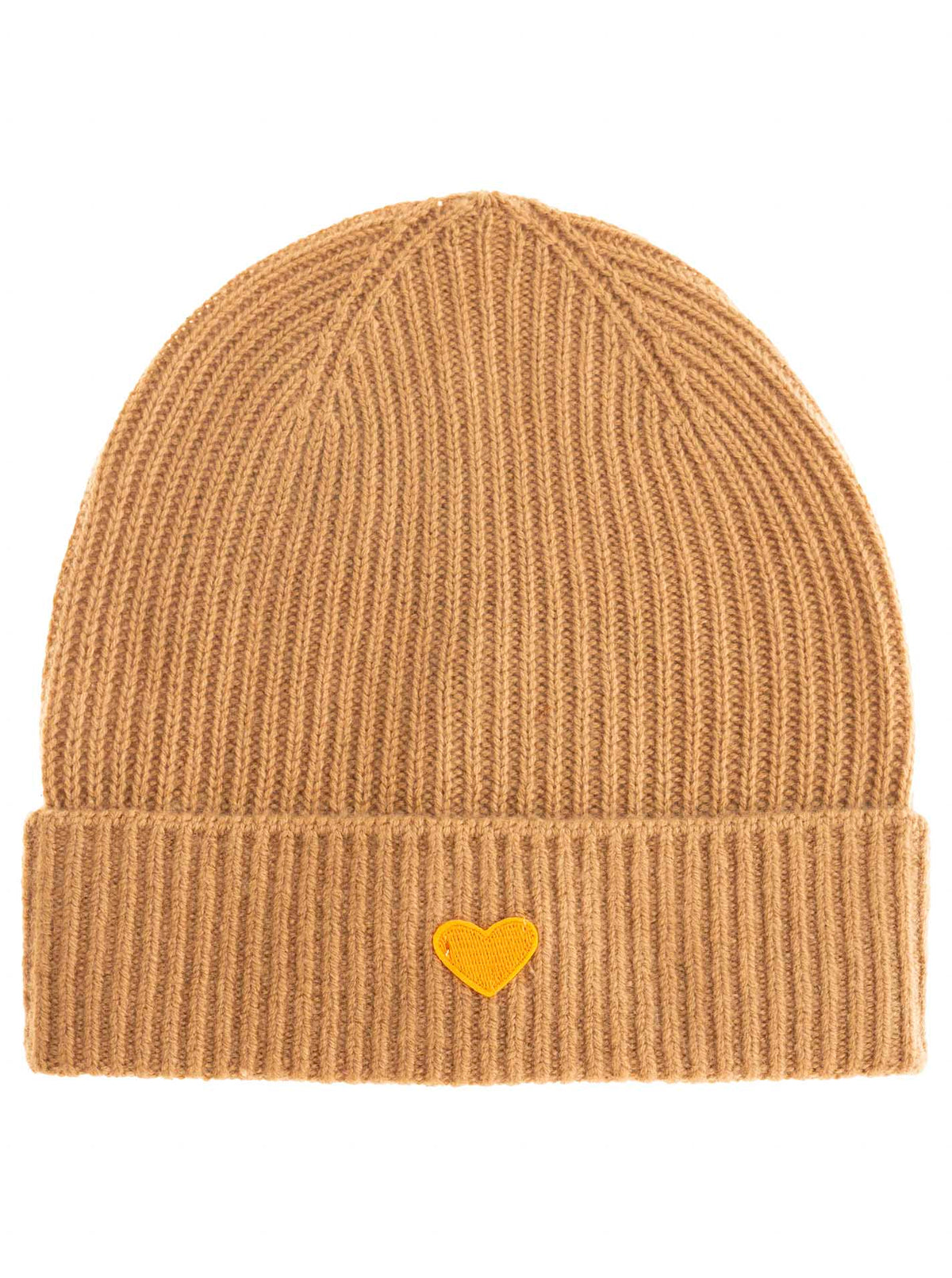 Zwillingsherz Damen Kaschmir-Mütze mit Herzmotiv in Camel, 100% Kaschmir