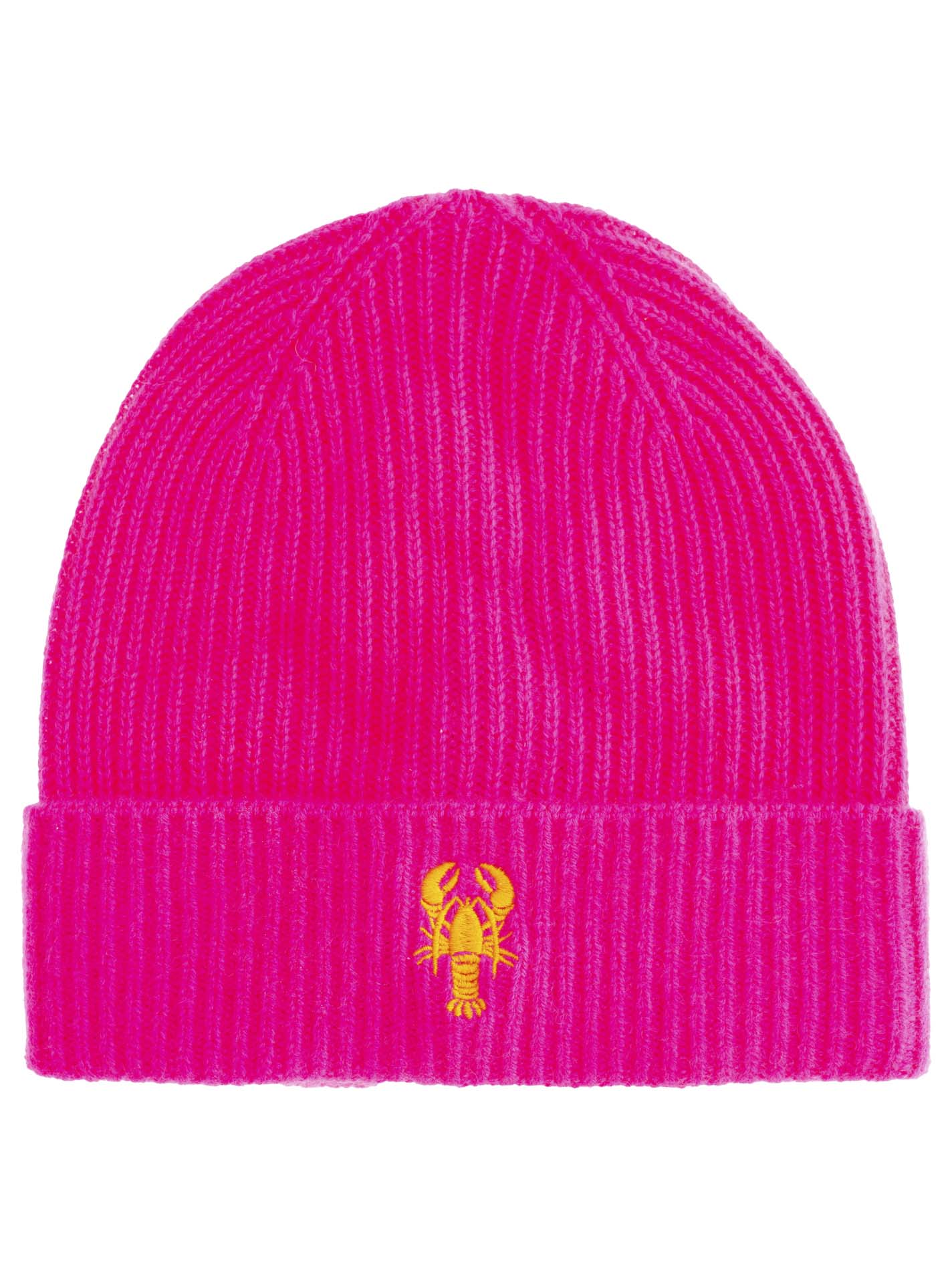 Zwillingsherz Damen Kaschmir-Rippstrick-Mütze in Neonpink mit Hummer Motiv, 100% Kaschmir