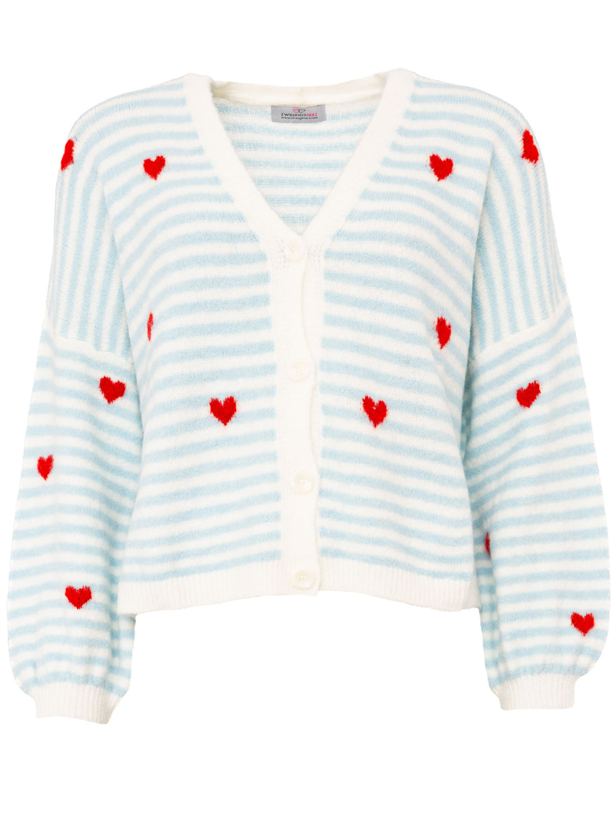 Zwillingsherz Cardigan mit Herzmotiv – Blau-Weiß gestreifte Damen Strickjacke mit Knopfleiste