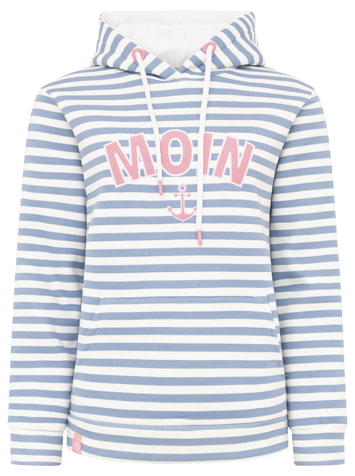 Zwillingsherz Damen Hoodie mit Moin-Schriftzug, gestreift in Blau und Pink, mit Kapuze und Kordelzug