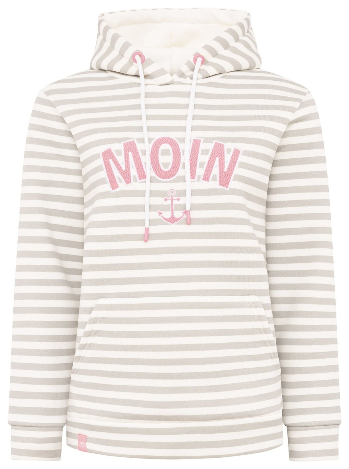Zwillingsherz Damen Hoodie mit Moin-Schriftzug, gestreift in Grau und Pink, mit Kapuze und Kordelzug