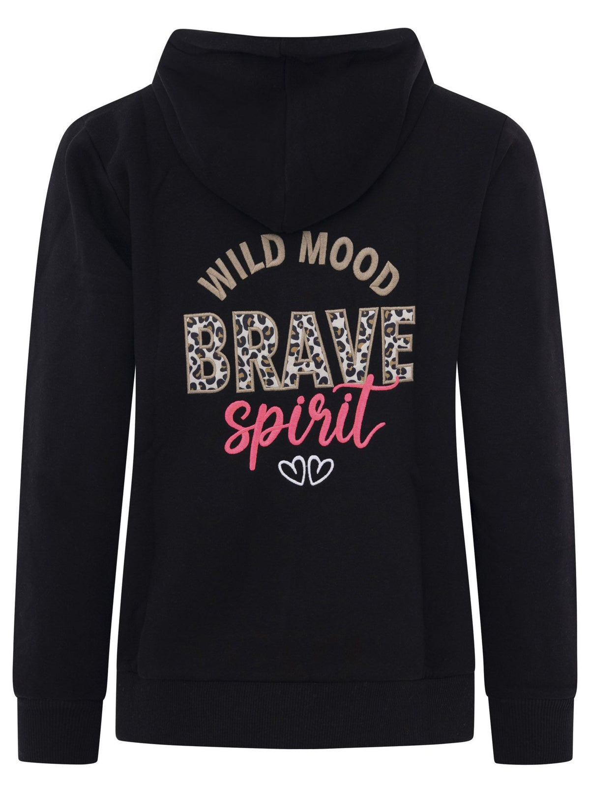 Rückansicht der Zwillingsherz Hoodiejacke mit Leo-Muster in Schwarz, Beige und Pink – Kapuze und Rückendesign im Fokus