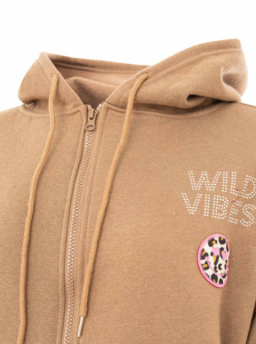 Zwillingsherz Hoodiejacke Wild Vibes Strass in Taupe – Detailansicht