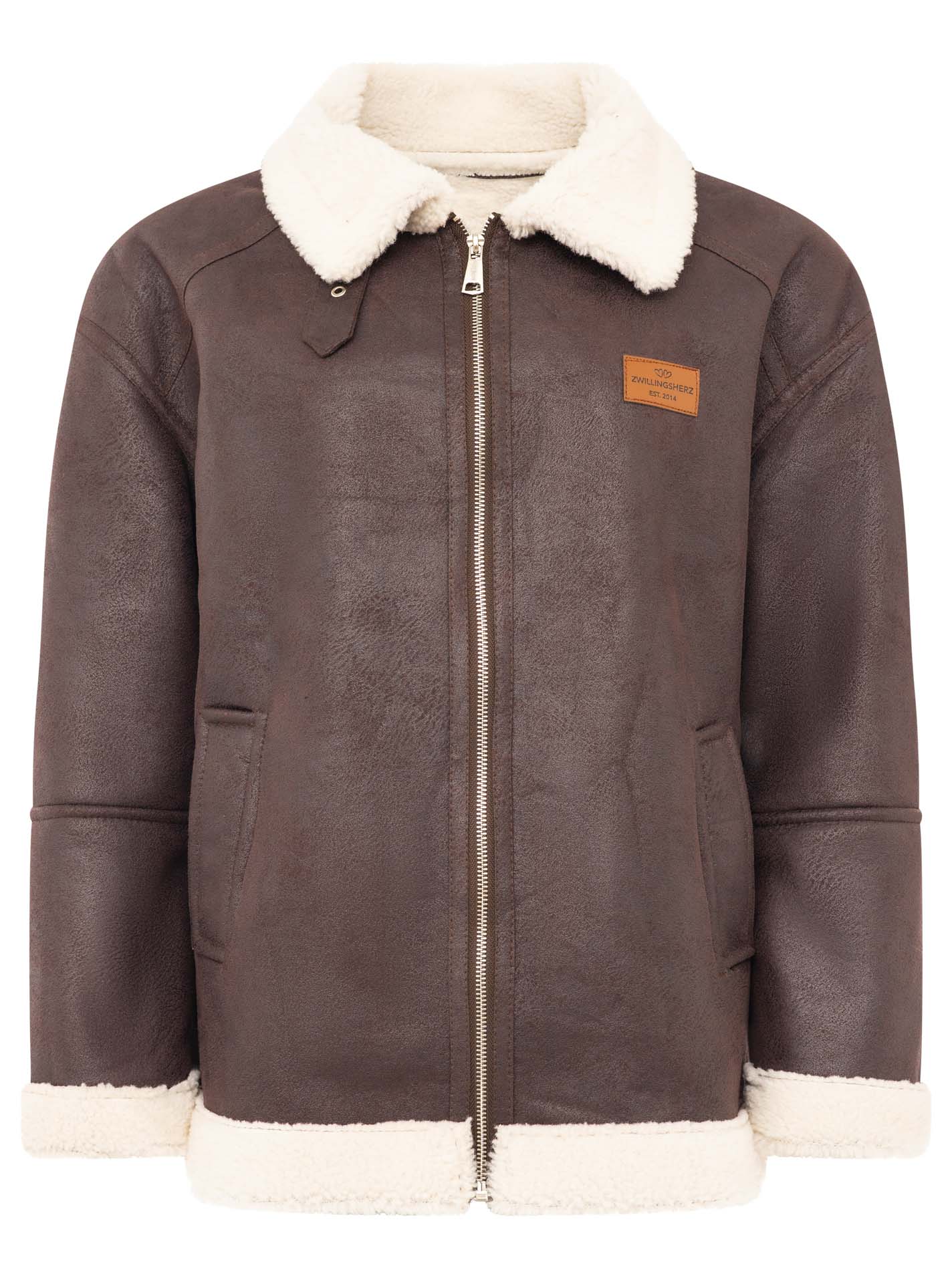 Zwillingsherz Jacke Teddyfell ZH in Braun – Rückansicht, Damen Teddyfell-Jacke mit Reißverschluss