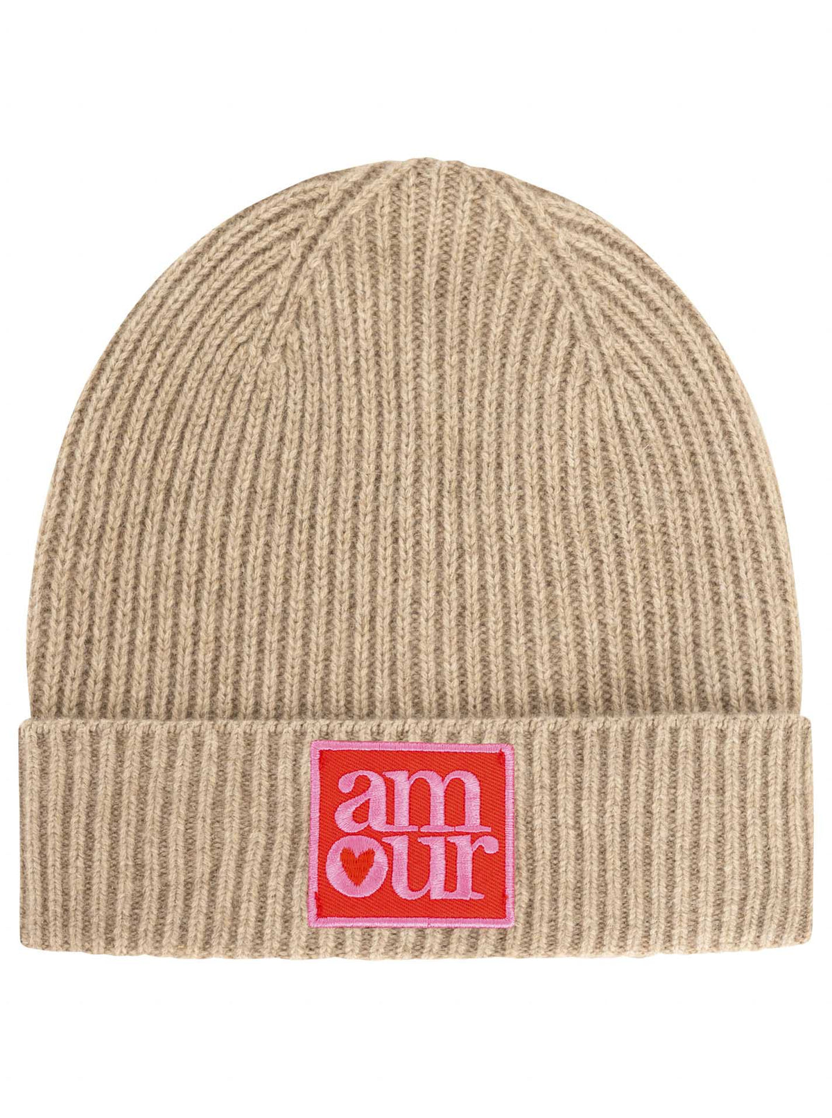 Zwillingsherz Kaschmir-Umschlagmütze Amour Patch Mittelbeige Detailansicht