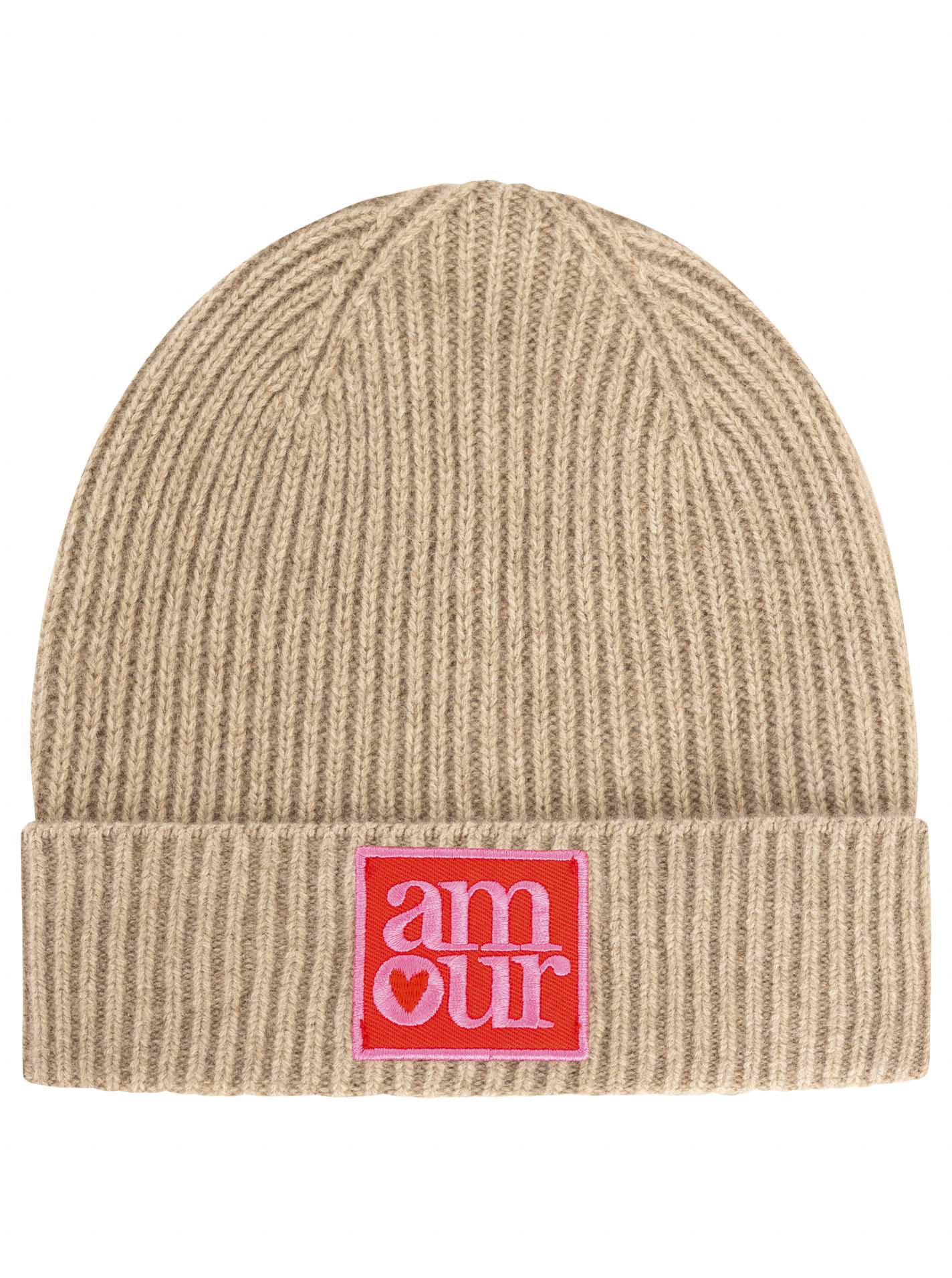 Zwillingsherz Kaschmir-Umschlagmütze Amour Patch Mittelbeige Detailansicht