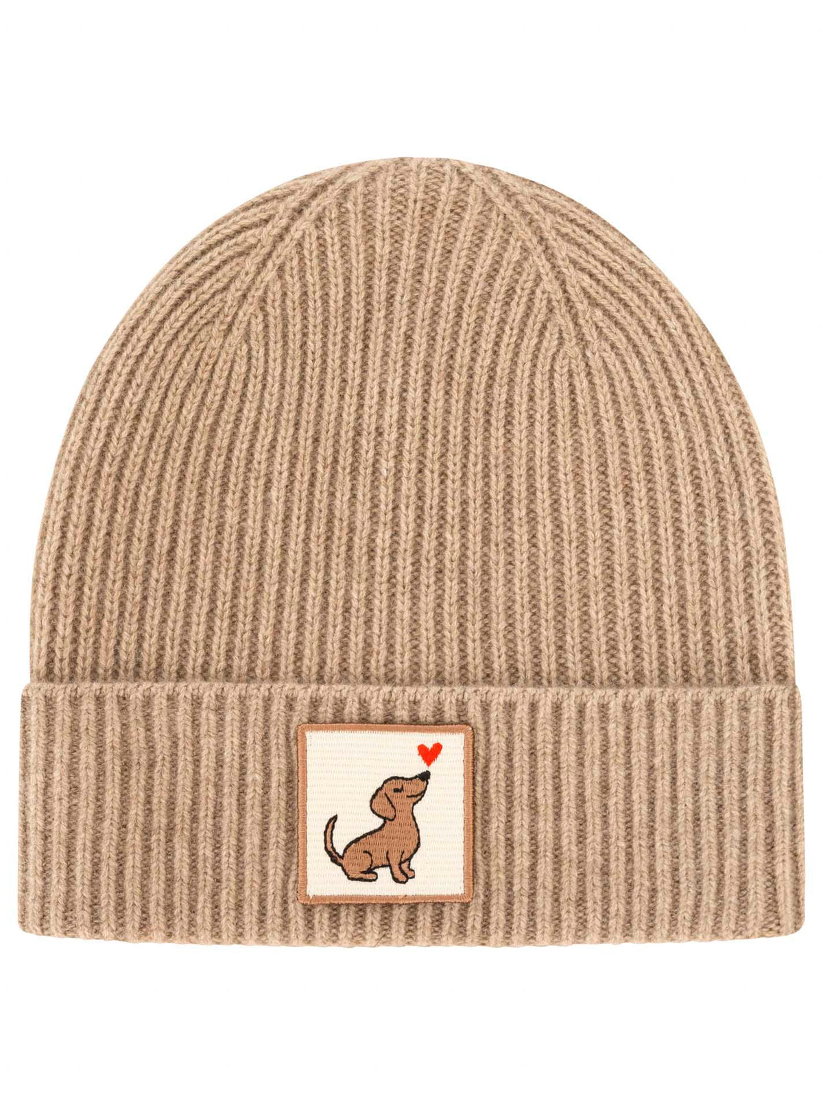 Zwillingsherz Kaschmir-Umschlagmütze Dog Love Patch Mittelbeige Detailansicht