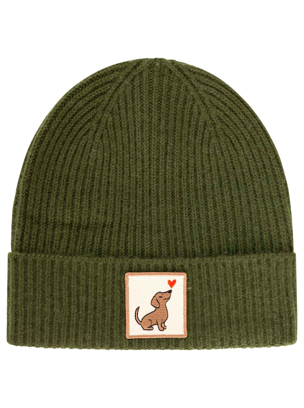 Zwillingsherz Kaschmir-Umschlagmütze Dog Love Patch Olive Detailansicht