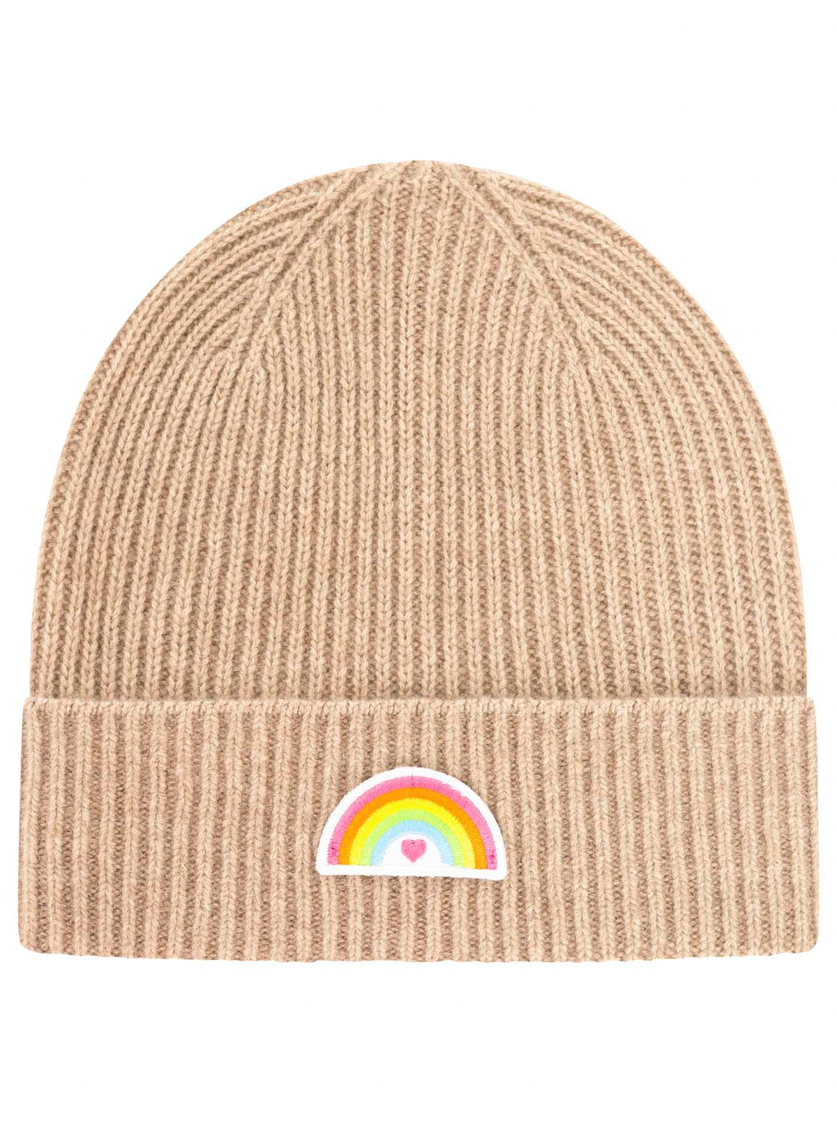 Zwillingsherz Kaschmir-Umschlagmütze Rainbow Patch Mittelbeige Detailansicht