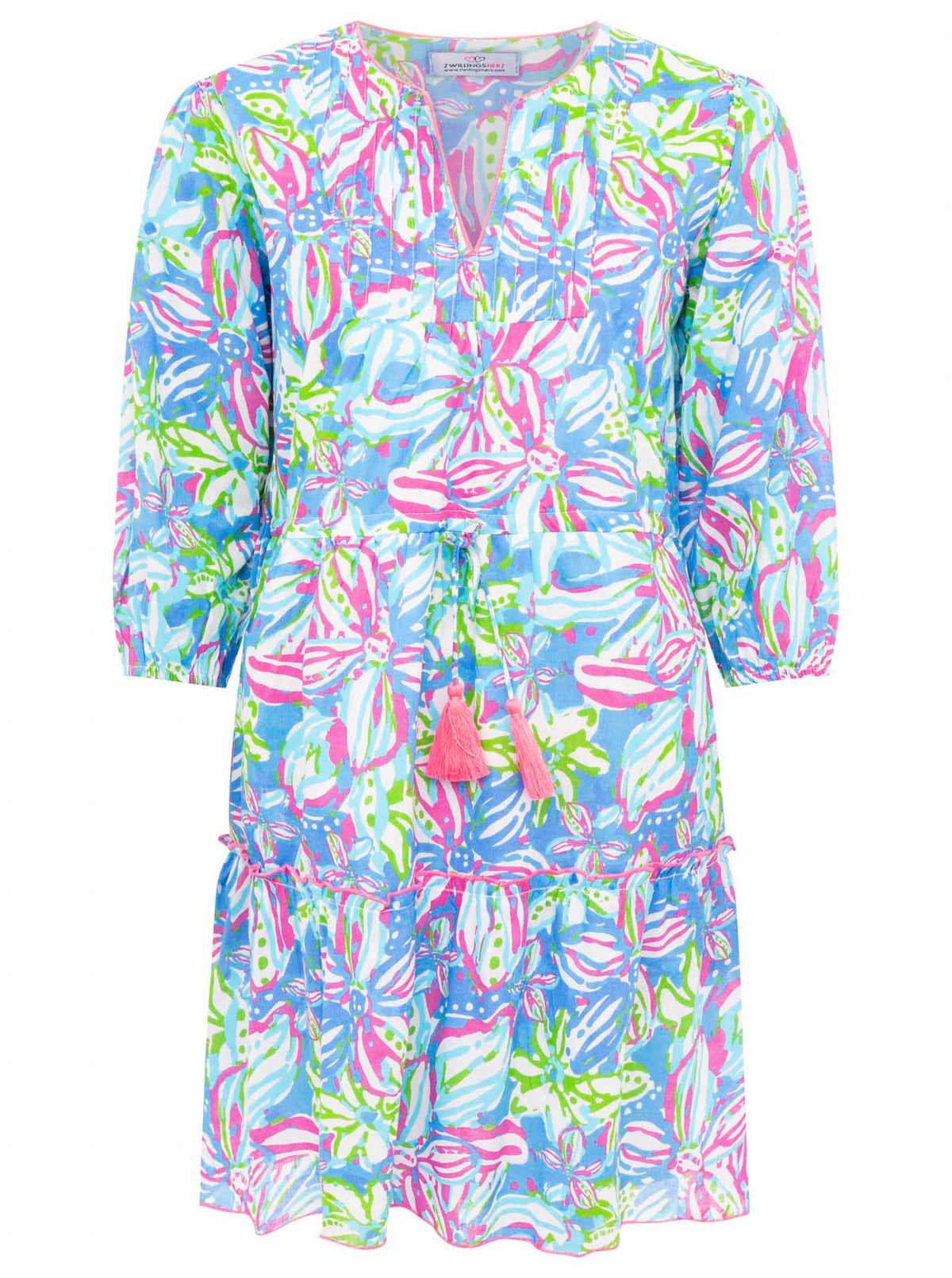 Zwillingsherz - Baumwoll Kleid Blumentraum - Blau/Pink