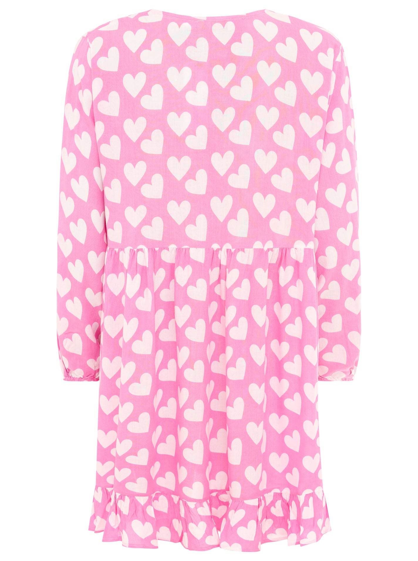 Rückansicht des Zwillingsherz Kleids Herz Classic in Rosa und Pink – figurbetonter Schnitt mit verspieltem Herz-Muster für einen femininen Look