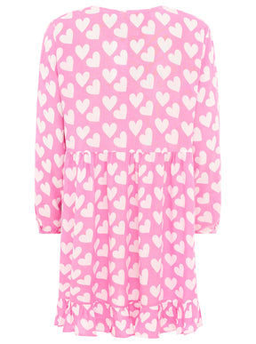 Rückansicht des Zwillingsherz Kleids Herz Classic in Rosa und Pink – figurbetonter Schnitt mit verspieltem Herz-Muster für einen femininen Look