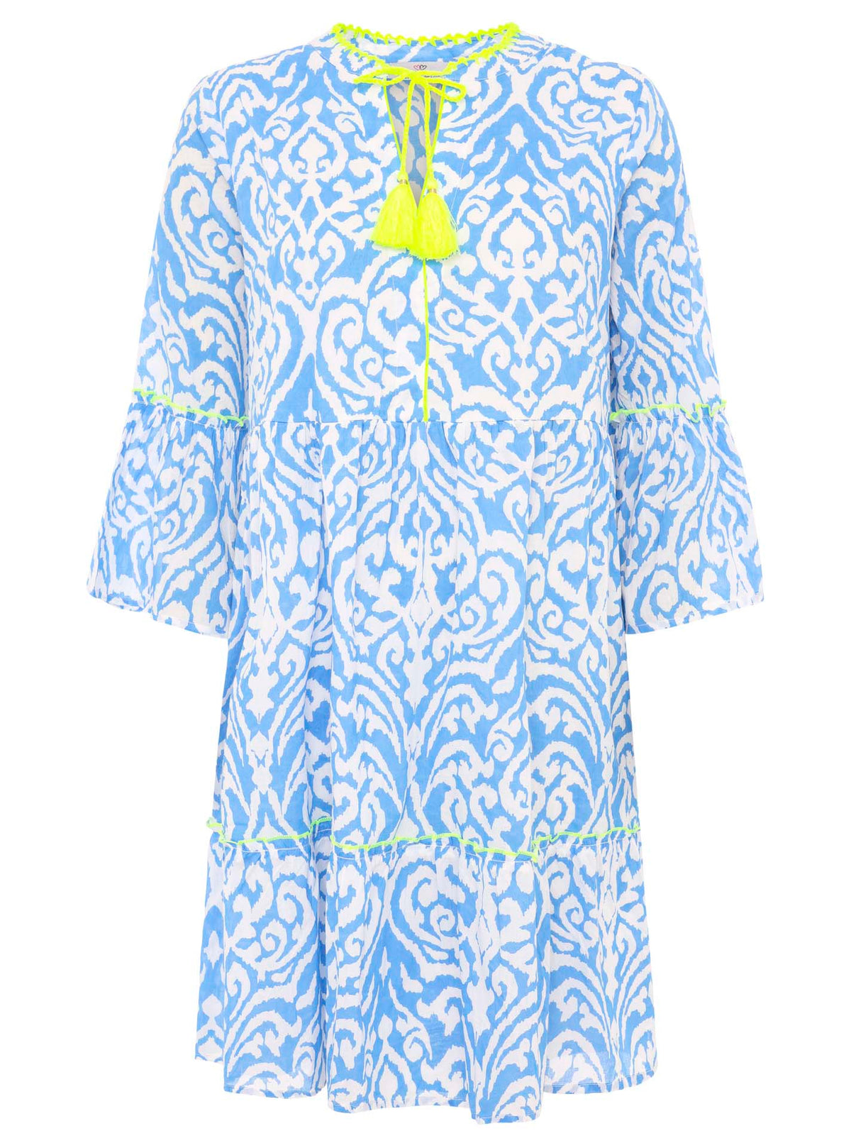 Zwillingsherz Kleid mit Ornament-Muster in Blau und Gelb, luftiger Schnitt und Bindekordeln