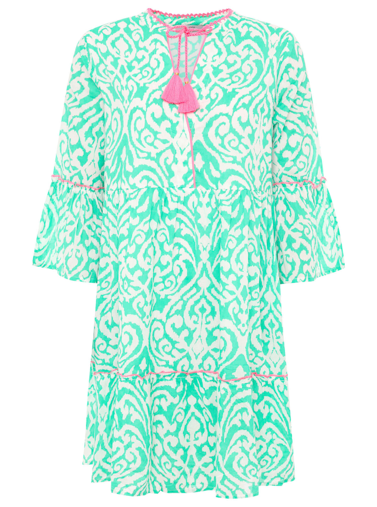 Zwillingsherz Kleid mit ornamentalem Muster in Grün, V-Ausschnitt und Bindekordeln mit Tasseln