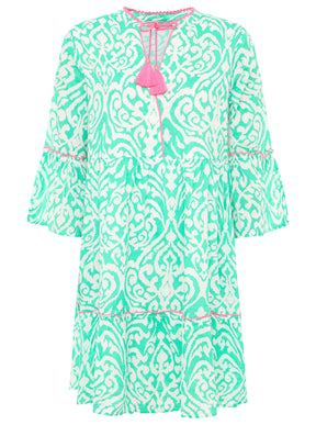 Zwillingsherz Kleid mit ornamentalem Muster in Grün, V-Ausschnitt und Bindekordeln mit Tasseln