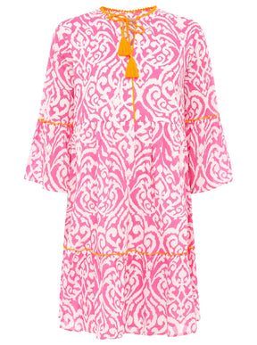 Zwillingsherz Kleid mit Ornamenten in Pink und Orange, dekorative Kordeln mit Tasseln vorn