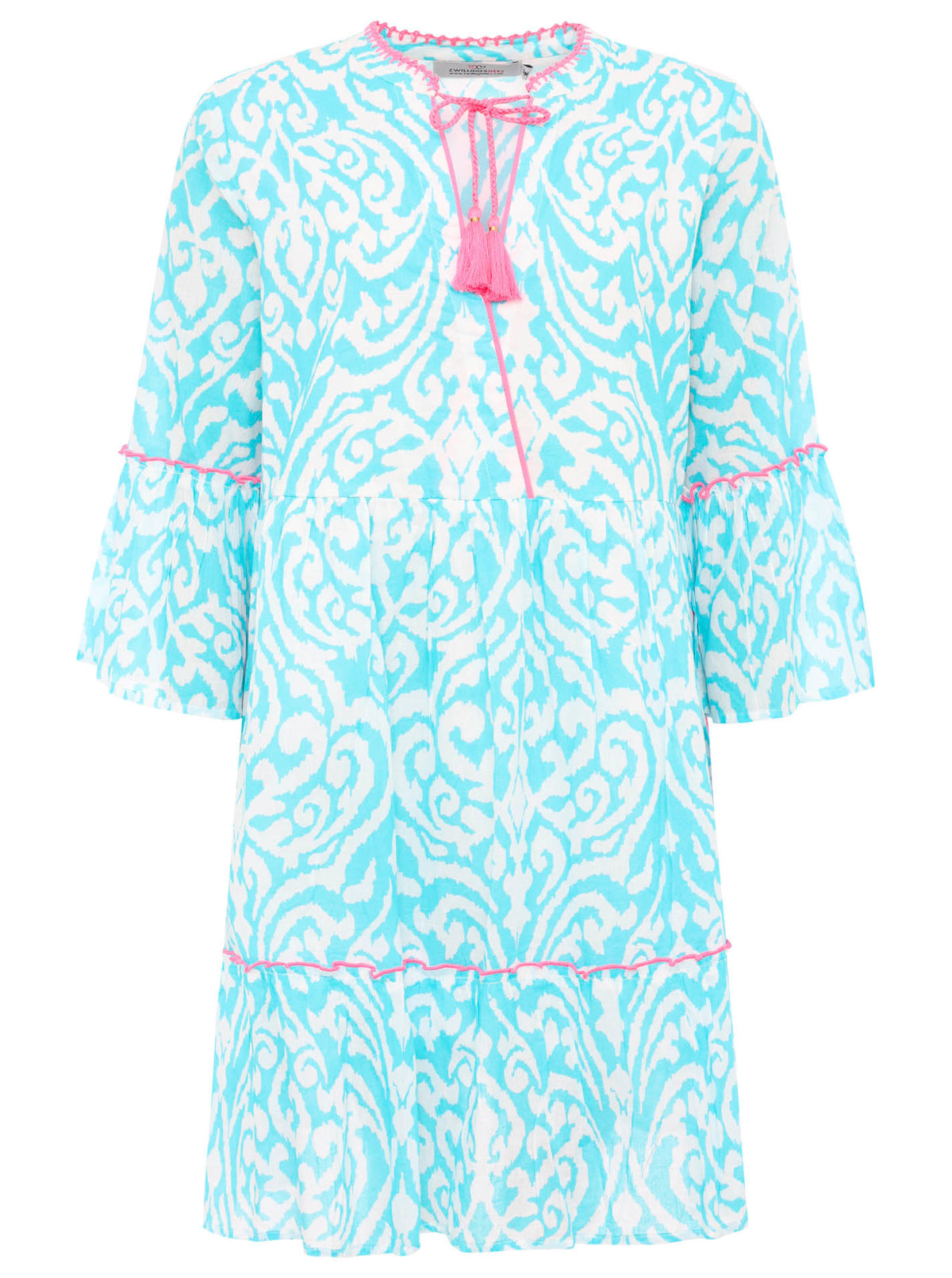 Zwillingsherz Kleid mit Ornamenten in Türkis und Pink, dekorative Kordeln und verspielte Tasseln