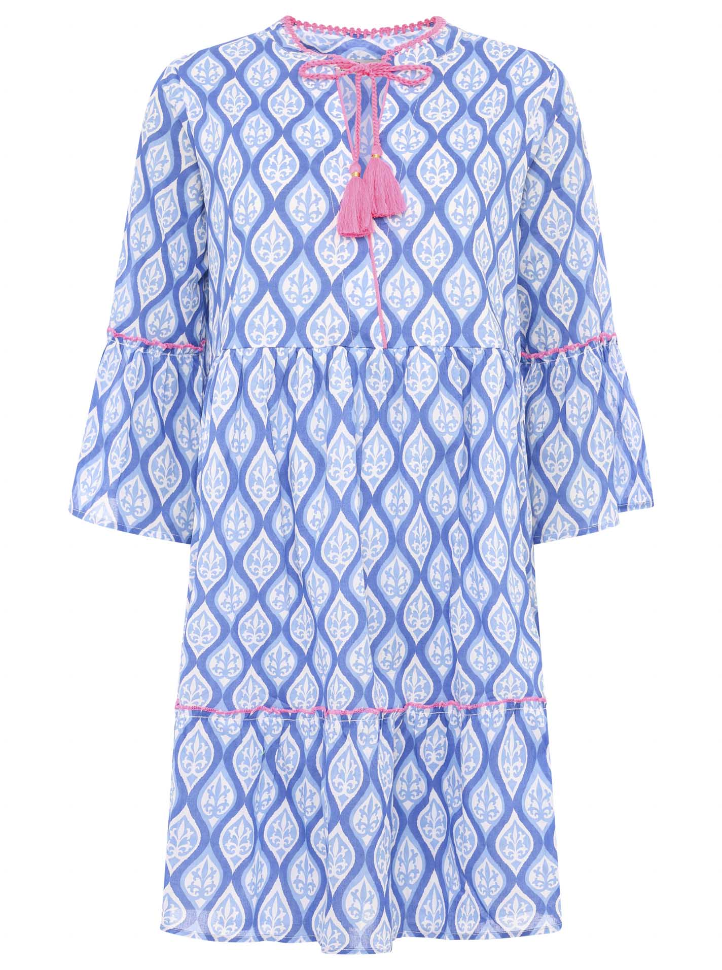 Zwillingsherz Kleid mit ovalem Muster in Blau-Pink – Vorderansicht
