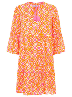 Zwillingsherz Kleid mit ovalem Muster in Orange-Pink – Vorderansicht