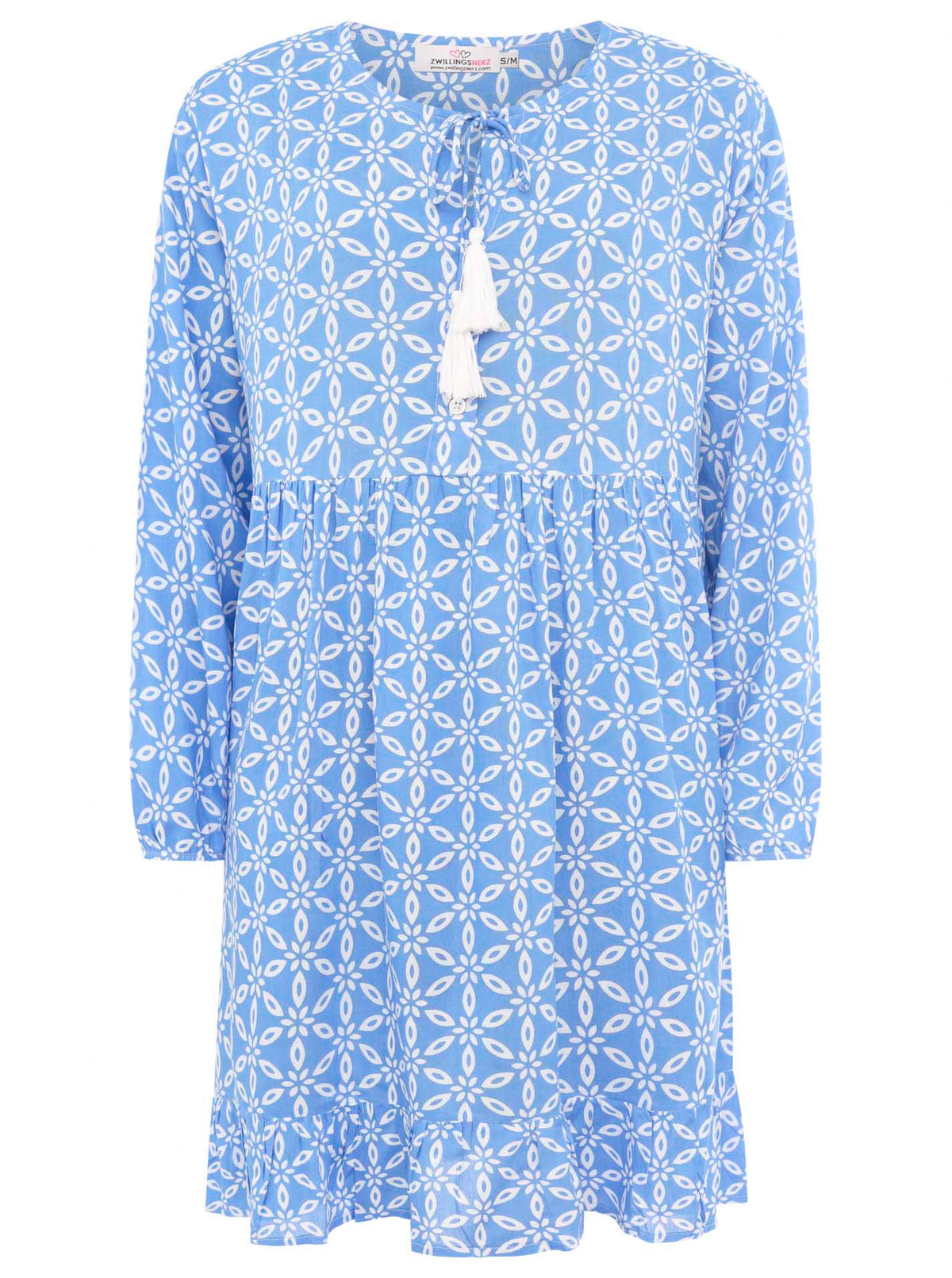 Zwillingsherz Kleid ‚Stargazing‘ in Blau mit weißem Sternenmuster, Kordeln und Tasseln am Ausschnitt