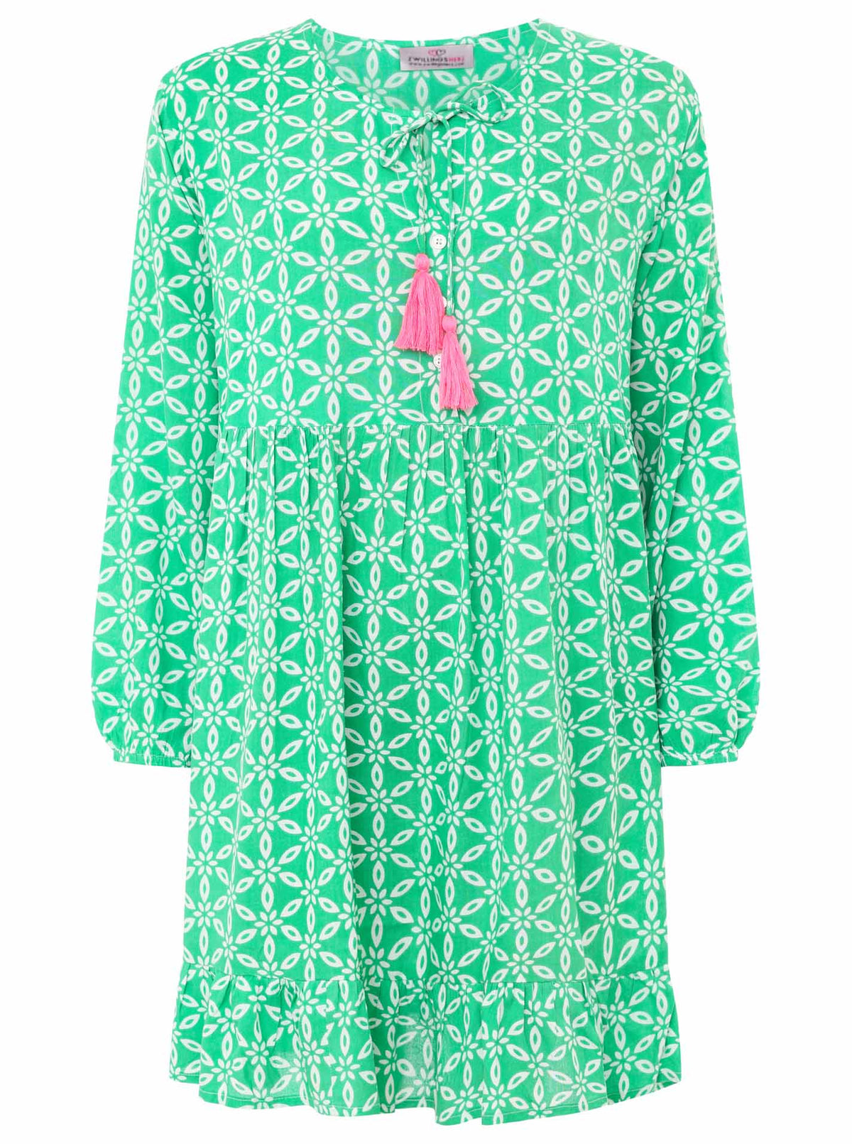 Zwillingsherz Kleid ‚Stargazing‘ in Grün und Pink mit Sternenmuster, Kordeln und Tasseln am Ausschnitt